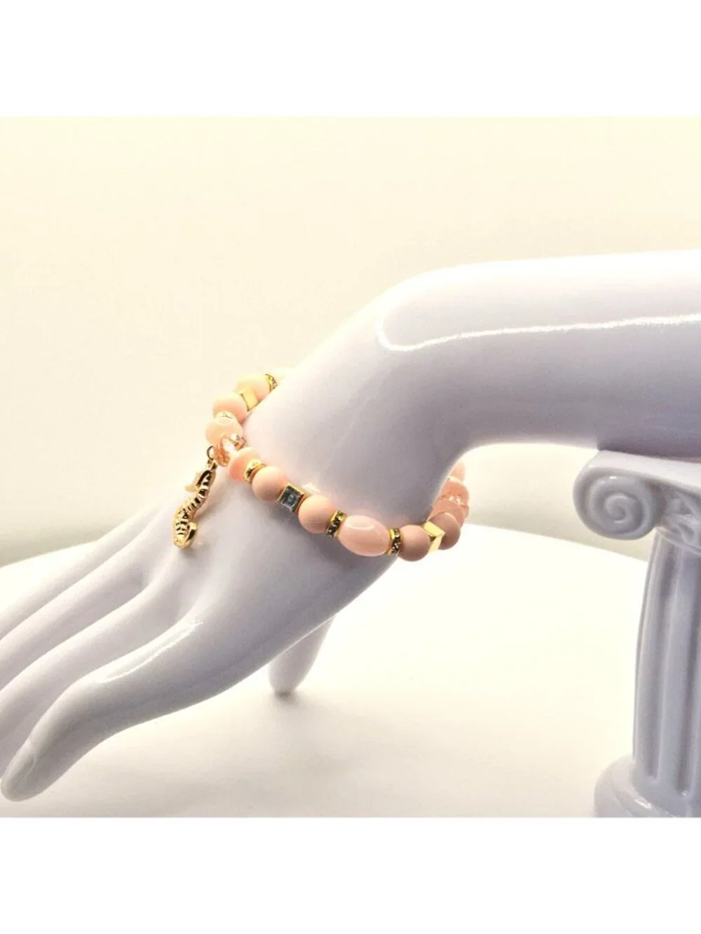 Pink And Gold Tone Beaded Stretch Bracelet With Seahorse Charm